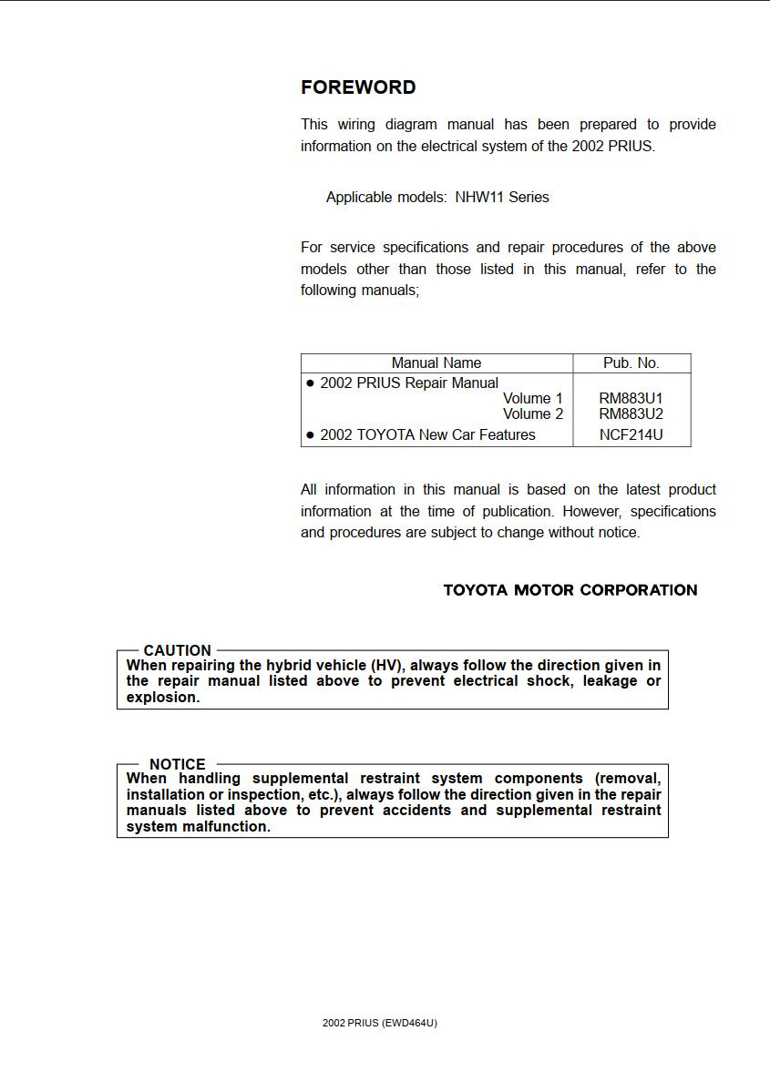 Toyota Prius 2002 Electrical Wiring Diagram PDF Download