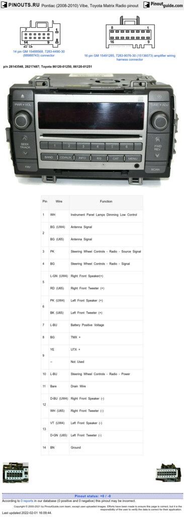 Pontiac 2008 2010 Vibe Toyota Matrix Radio Pinout Diagram 